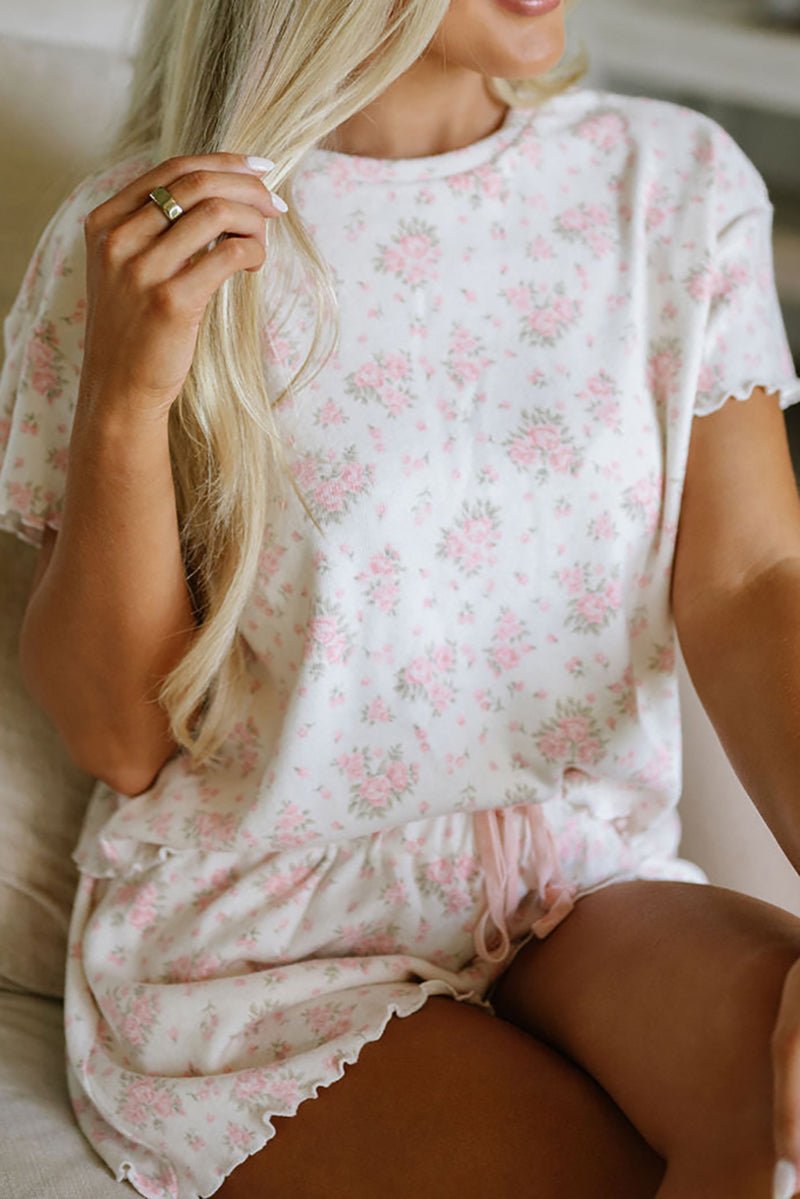 Blossom Belle Pink Floral Frilled Top and Shorts Pajama Set - Wholesale Accessory Market