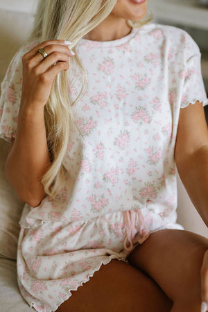 Blossom Belle Pink Floral Frilled Top and Shorts Pajama Set - Wholesale Accessory Market
