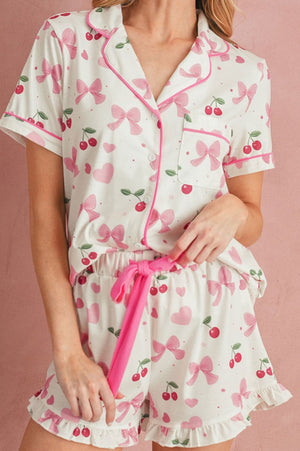 Sweet Cherry Dreams Beige Top and Shorts Pajama Set - Wholesale Accessory Market