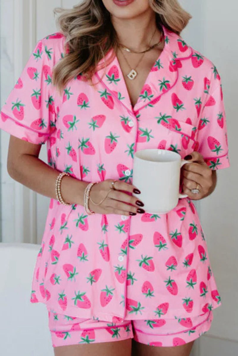 PREORDER! ETA 8/24 Strawberry Snooze Pink Button Top and Shorts Pajama Set **SHIPPING EXPECTED TO BEGIN ON DATE 8/24** - Wholesale Accessory Market