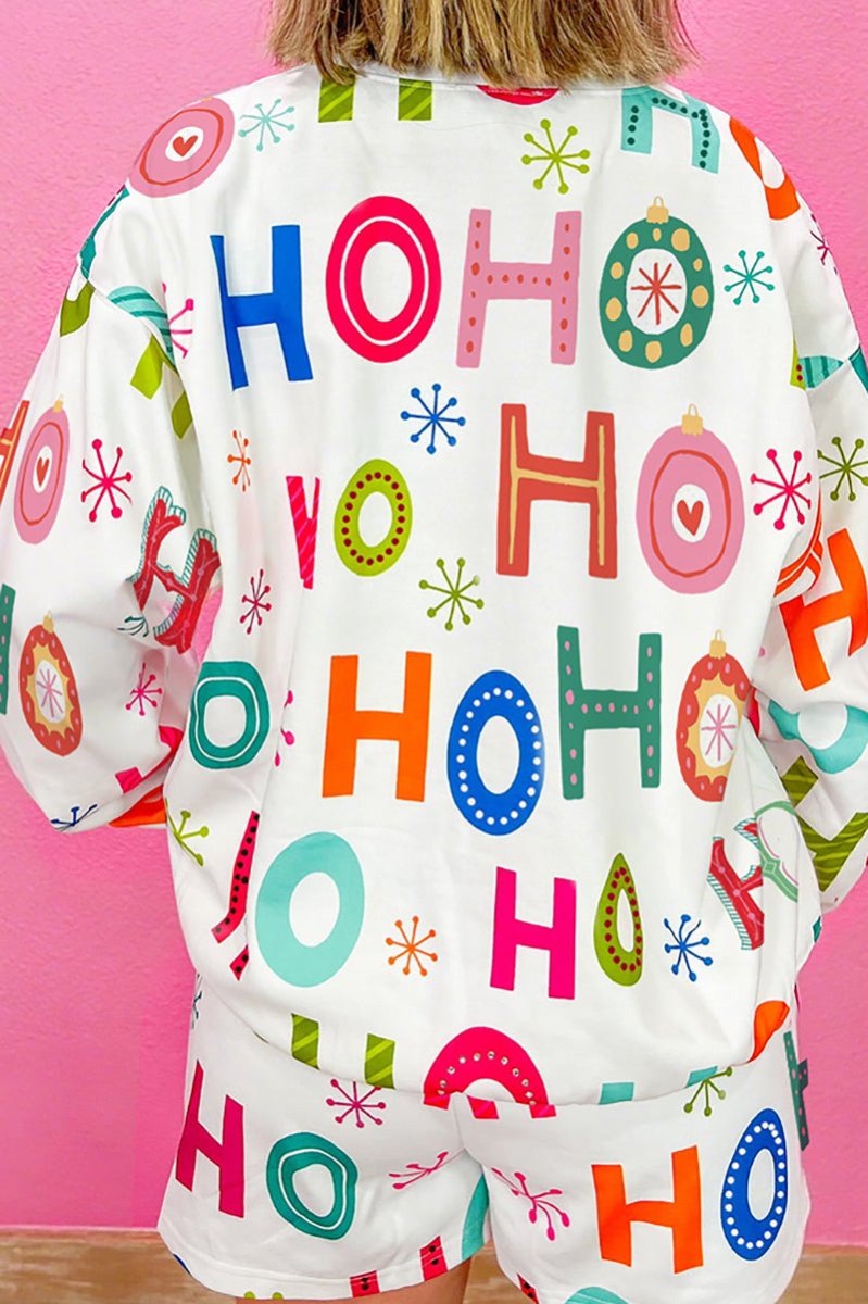 PREORDER! ETA 9/02 Festive Ho Ho Ho White Long Sleeve Top and Shorts Pajama Set **SHIPPING EXPECTED TO BEGIN ON DATE 9/02** - Wholesale Accessory Market