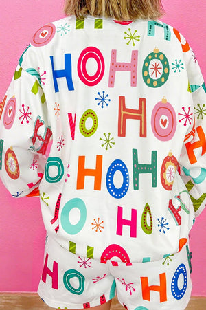 PREORDER! ETA 9/02 Festive Ho Ho Ho White Long Sleeve Top and Shorts Pajama Set **SHIPPING EXPECTED TO BEGIN ON DATE 9/02** - Wholesale Accessory Market