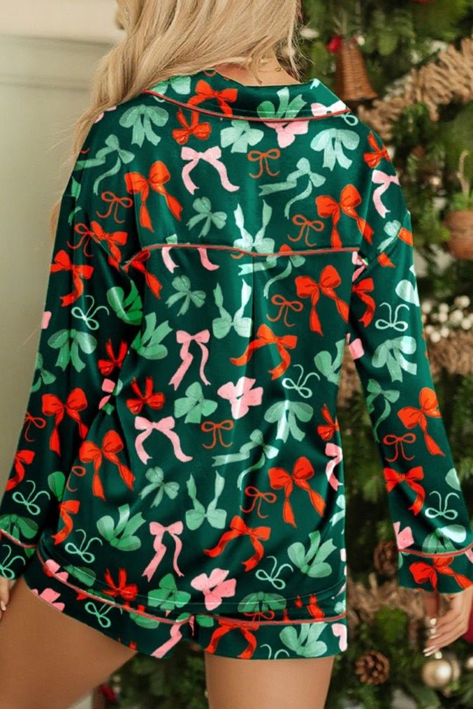 PREORDER! ETA 11/7 Holiday Bows Green Button Top and Shorts Pajama Set **SHIPPING EXPECTED TO BEGIN ON DATE 11/7** - Wholesale Accessory Market