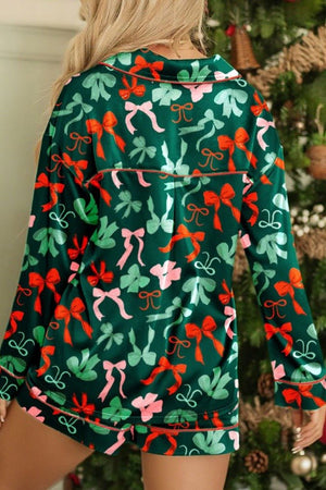 PREORDER! ETA 11/7 Holiday Bows Green Button Top and Shorts Pajama Set **SHIPPING EXPECTED TO BEGIN ON DATE 11/7** - Wholesale Accessory Market