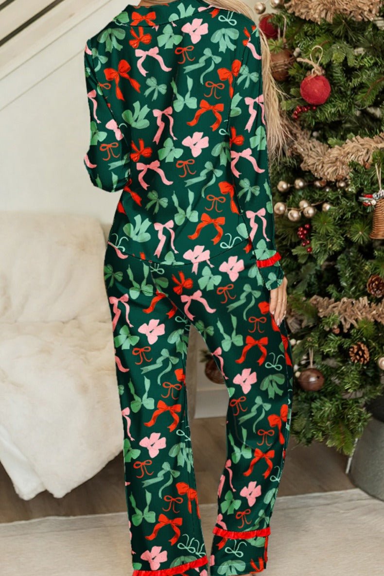 PREORDER! ETA 11/5 Holiday Bows Green Button Top and Pants Pajama Set **SHIPPING EXPECTED TO BEGIN ON DATE 11/5** - Wholesale Accessory Market