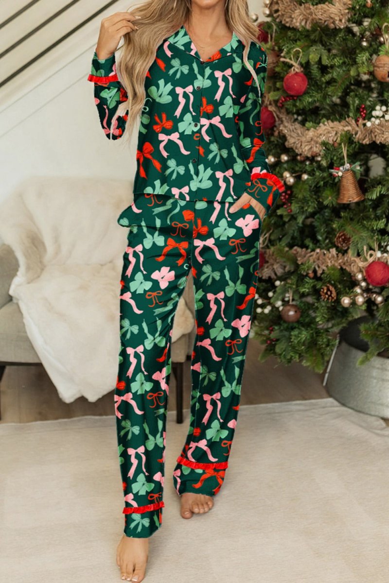 PREORDER! ETA 11/5 Holiday Bows Green Button Top and Pants Pajama Set **SHIPPING EXPECTED TO BEGIN ON DATE 11/5** - Wholesale Accessory Market