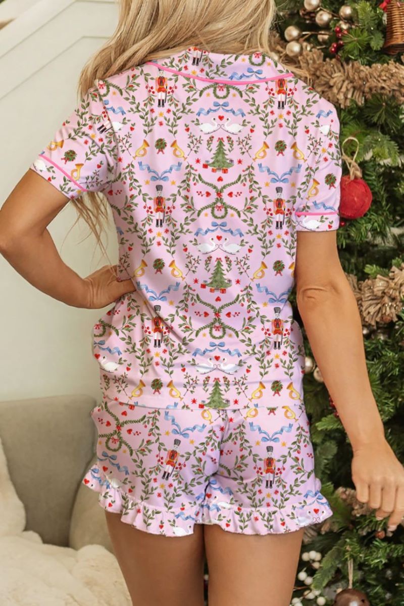 PREORDER! ETA 11/5 Caroling Dreams Pink Ruffled Button Top and Shorts Pajama Set **SHIPPING EXPECTED TO BEGIN ON DATE 11/5** - Wholesale Accessory Market