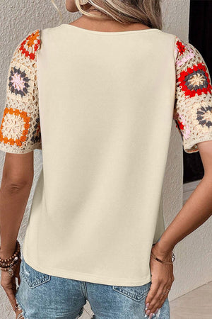 PRE-ORDER! ETA 5/20 Cora Crochet Sleeve Beige Top **SHIPPING EXPECTED TO BEGIN ON DATE 5/20** - Wholesale Accessory Market