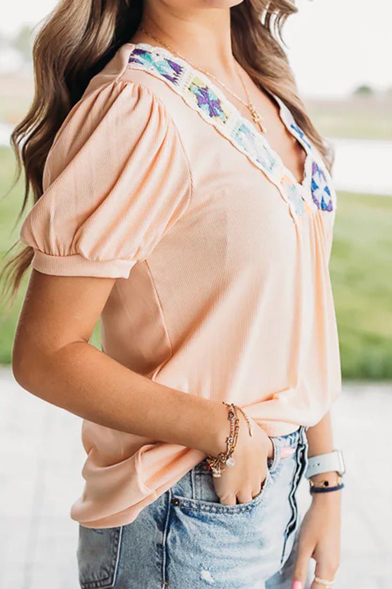 Pale Chestnut Cameron Crochet V - Neck Blouse - Wholesale Accessory Market