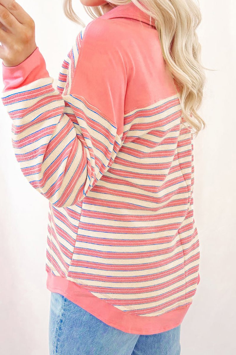 Time Of Your Life Button Pink Stripe Collared V - Neck Top - Wholesale Accessory Market