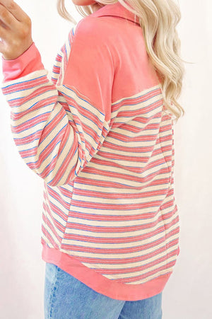 Time Of Your Life Button Pink Stripe Collared V - Neck Top - Wholesale Accessory Market