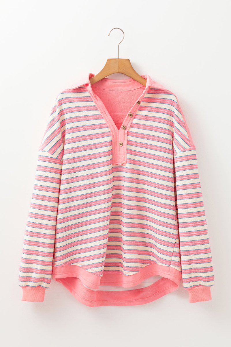 Time Of Your Life Button Pink Stripe Collared V - Neck Top - Wholesale Accessory Market