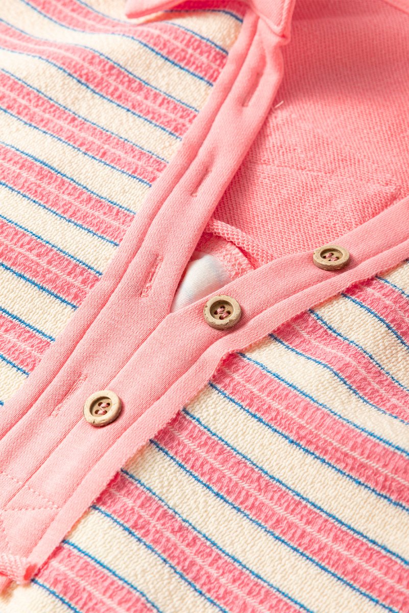 Time Of Your Life Button Pink Stripe Collared V - Neck Top - Wholesale Accessory Market