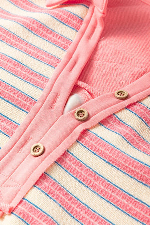 Time Of Your Life Button Pink Stripe Collared V - Neck Top - Wholesale Accessory Market