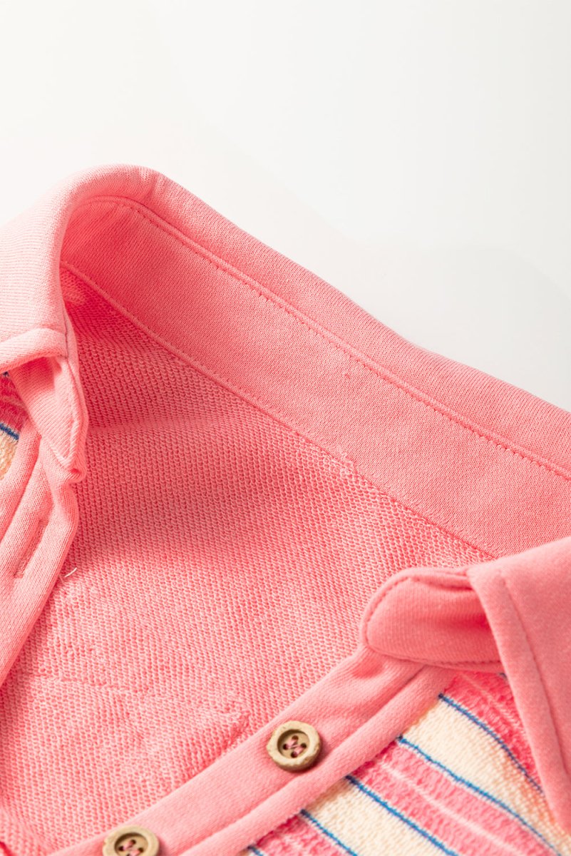 Time Of Your Life Button Pink Stripe Collared V - Neck Top - Wholesale Accessory Market