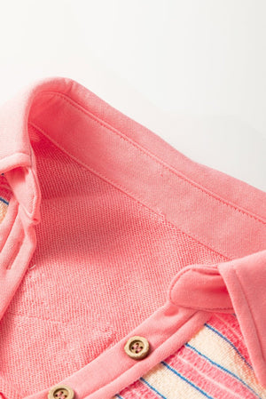 Time Of Your Life Button Pink Stripe Collared V - Neck Top - Wholesale Accessory Market