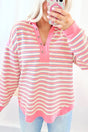 Time Of Your Life Button Pink Stripe Collared V - Neck Top - Wholesale Accessory Market
