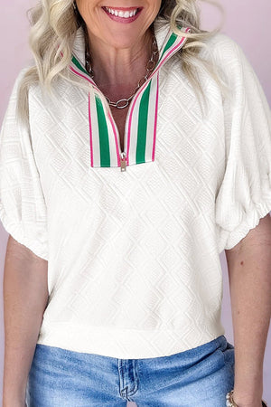 Make Your Move Striped Collar White Textured Blouse
