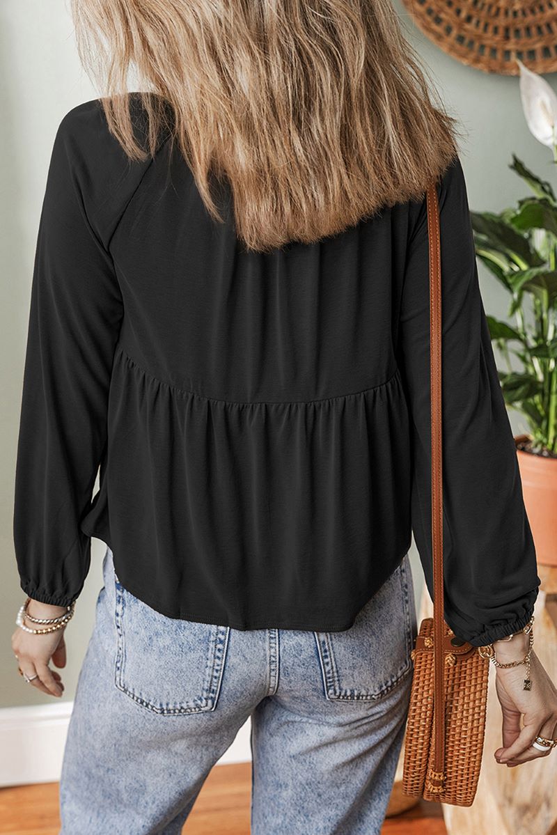 PREORDER! ETA 11/5 First Glance Black Smocked Button V - Neck Blouse **SHIPPING EXPECTED TO BEGIN ON DATE 11/5** - Wholesale Accessory Market
