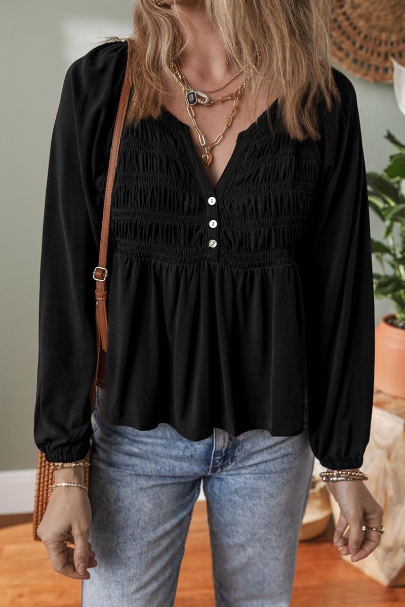 PREORDER! ETA 11/5 First Glance Black Smocked Button V - Neck Blouse **SHIPPING EXPECTED TO BEGIN ON DATE 11/5** - Wholesale Accessory Market
