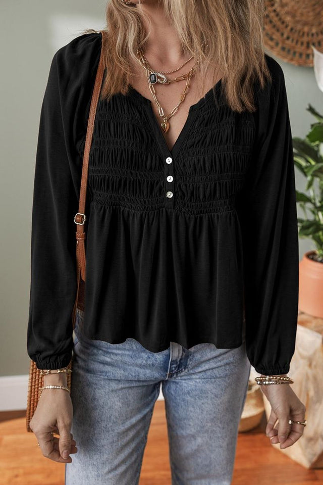 PREORDER! ETA 11/5 First Glance Black Smocked Button V - Neck Blouse **SHIPPING EXPECTED TO BEGIN ON DATE 11/5** - Wholesale Accessory Market
