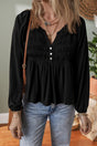 PREORDER! ETA 11/5 First Glance Black Smocked Button V - Neck Blouse **SHIPPING EXPECTED TO BEGIN ON DATE 11/5** - Wholesale Accessory Market