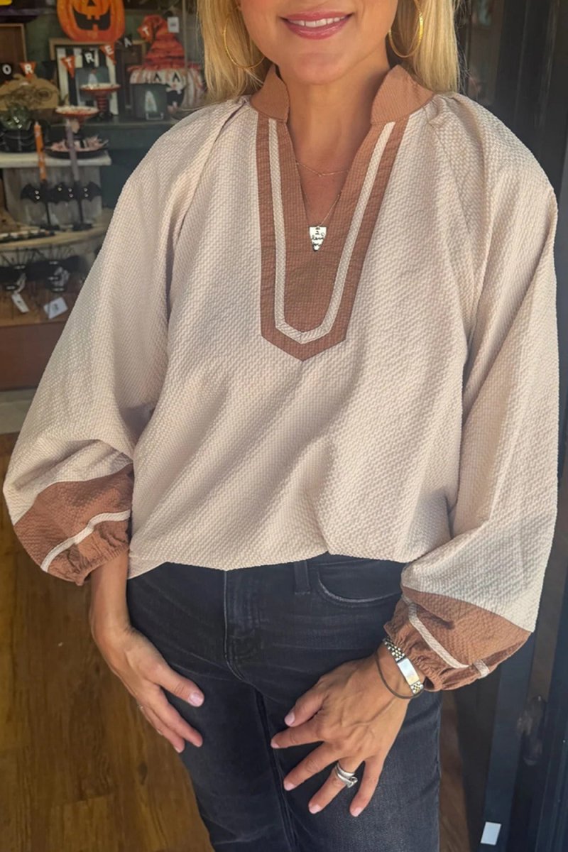 PREORDER! ETA 10/22 Fall Escape Jet Stream V - Neck Colorblock Blouse **SHIPPING EXPECTED TO BEGIN ON DATE 10/22** - Wholesale Accessory Market