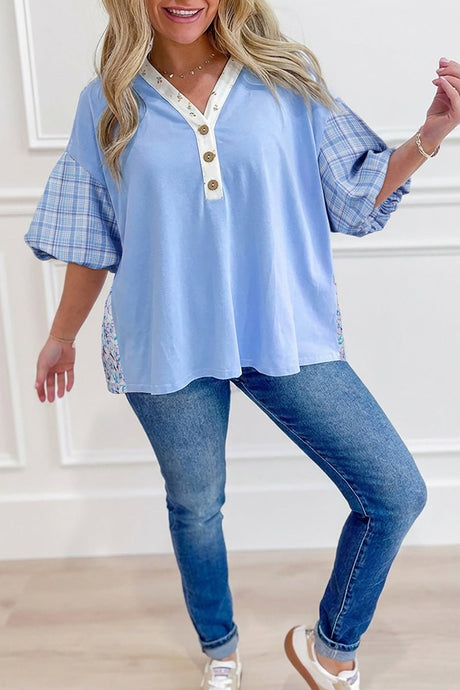 Colorblock Crush Beau Blue Bubble Sleeve Blouse - Wholesale Accessory Market