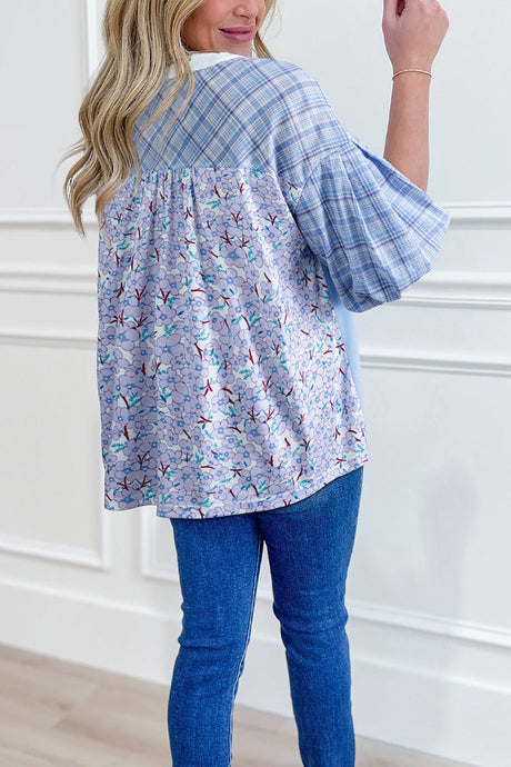 Colorblock Crush Beau Blue Bubble Sleeve Blouse - Wholesale Accessory Market