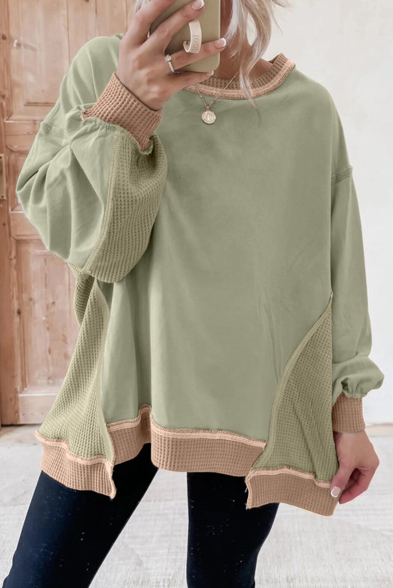 PREORDER! ETA 10/26 Patchwork Season Smoke Green Oversize Waffle Sweatshirt **SHIPPING EXPECTED TO BEGIN ON DATE 10/26** - Wholesale Accessory Market