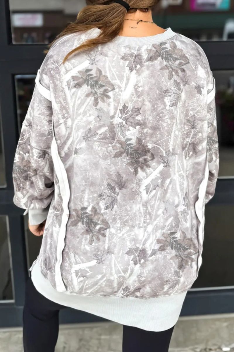 PREORDER! ETA 11/24 Woodland Ways Gray Contrast Trim Slit Sweatshirt**SHIPPING EXPECTED TO BEGIN ON DATE 11/24** - Wholesale Accessory Market