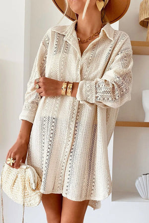 PRE-ORDER! ETA 5/16 Retreat Yourself Beige Crocheted Lace Button Cover Up **SHIPPING EXPECTED TO BEGIN ON DATE 5/16** - Wholesale Accessory Market
