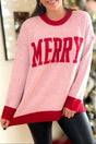 PREORDER! ETA 11/3 Merry Light Pink Contrast Trim Sweater **SHIPPING EXPECTED TO BEGIN ON DATE 11/3** - Wholesale Accessory Market