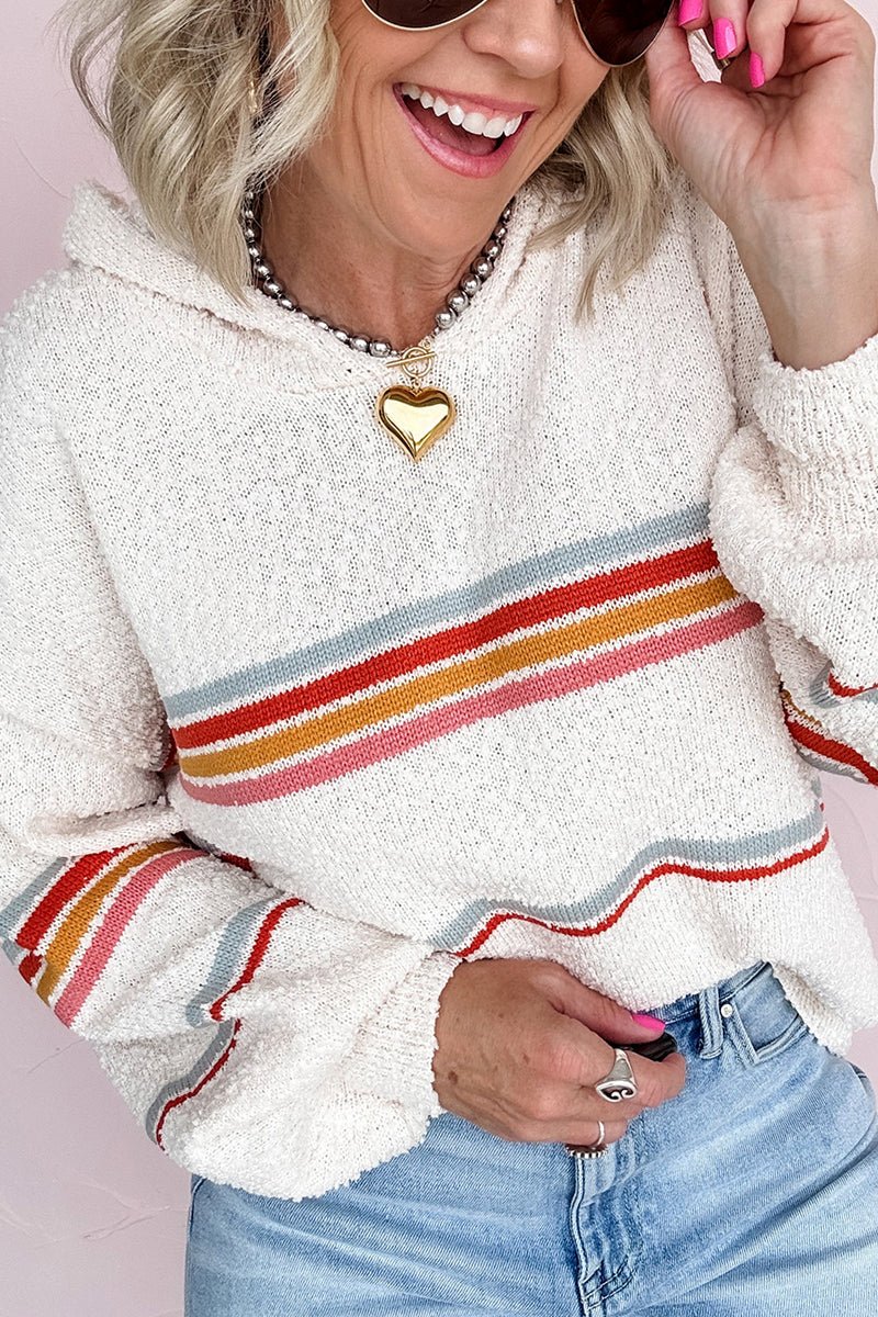 PREORDER! ETA 10/3 Retro Revival Striped White Hooded Sweater **SHIPPING EXPECTED TO BEGIN ON DATE 10/3** - Wholesale Accessory Market