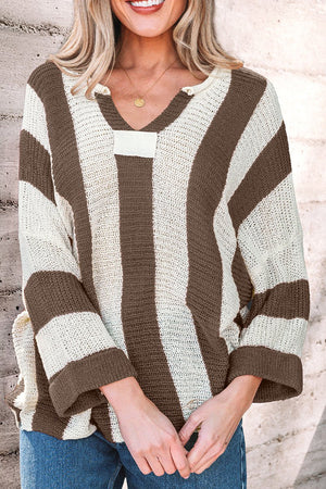 In Your Stride Brown Stripe V - Neck Sweater - Wholesale Accessory Market