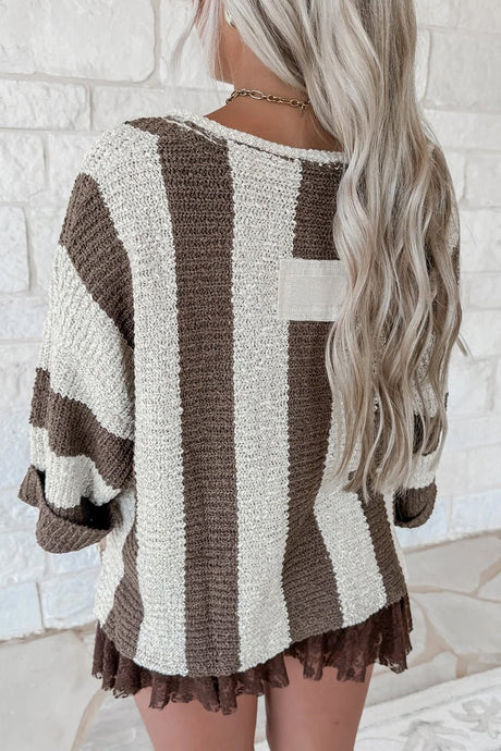 In Your Stride Brown Stripe V - Neck Sweater - Wholesale Accessory Market