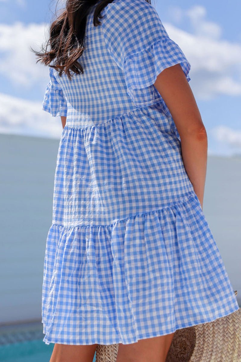 The Dorothy Sky Blue Gingham Tiered Mini Dress - Wholesale Accessory Market