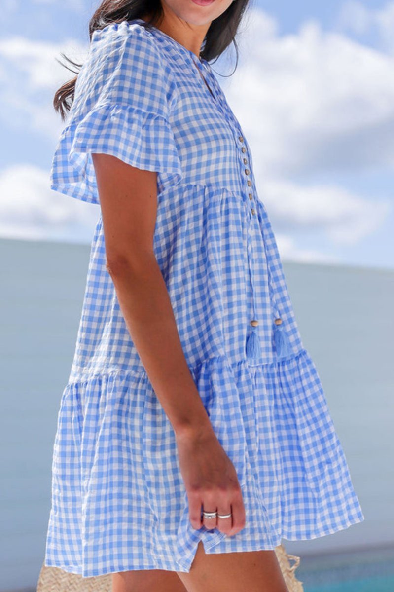 The Dorothy Sky Blue Gingham Tiered Mini Dress - Wholesale Accessory Market
