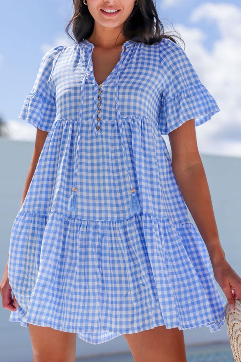 The Dorothy Sky Blue Gingham Tiered Mini Dress - Wholesale Accessory Market