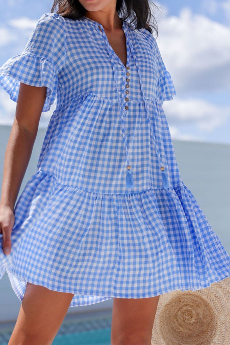 The Dorothy Sky Blue Gingham Tiered Mini Dress - Wholesale Accessory Market
