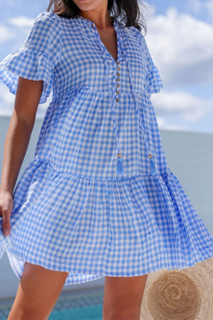 The Dorothy Sky Blue Gingham Tiered Mini Dress - Wholesale Accessory Market