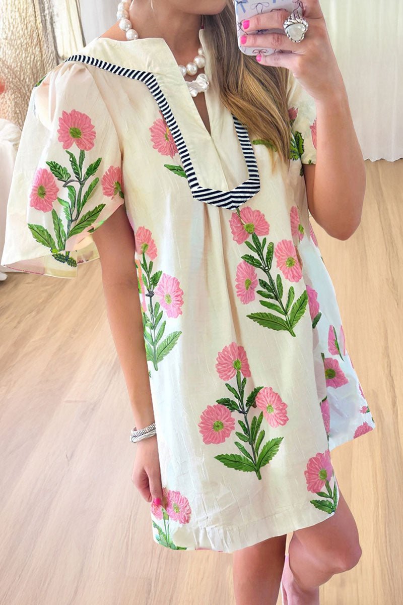PREORDER! ETA 6/14 Petal Crush Apricot Striped Split Neck Mini Dress **SHIPPING EXPECTED TO BEGIN ON DATE 6/14** - Wholesale Accessory Market