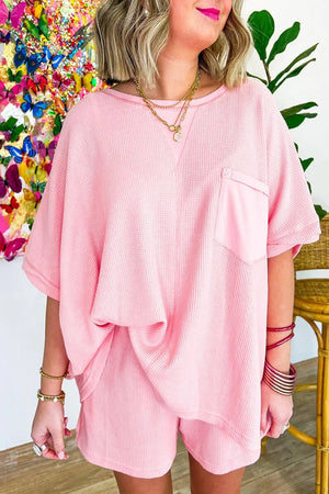 PRE-ORDER! ETA 5/16 Truly Relaxed Light Pink Waffle Knit Oversize Tee and Shorts Set **SHIPPING EXPECTED TO BEGIN ON DATE 5/16** - Wholesale Accessory Market