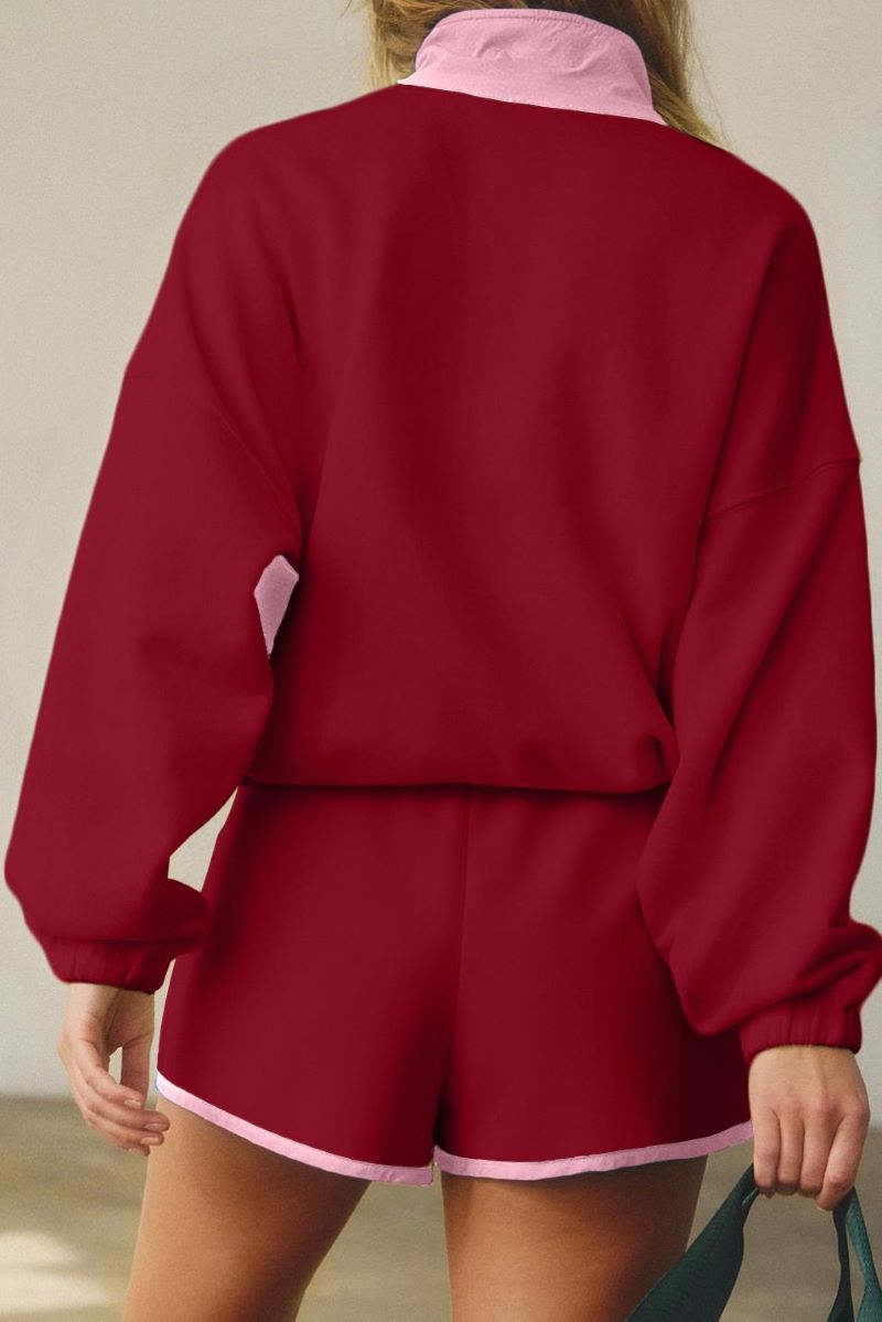 PREORDER! ETA 10/29 Split Decision Red Dahlia Half Button Pullover and Shorts Set **SHIPPING EXPECTED TO BEGIN ON DATE 10/29** - Wholesale Accessory Market