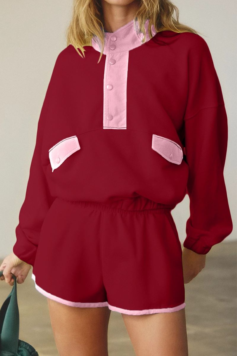 PREORDER! ETA 10/29 Split Decision Red Dahlia Half Button Pullover and Shorts Set **SHIPPING EXPECTED TO BEGIN ON DATE 10/29** - Wholesale Accessory Market