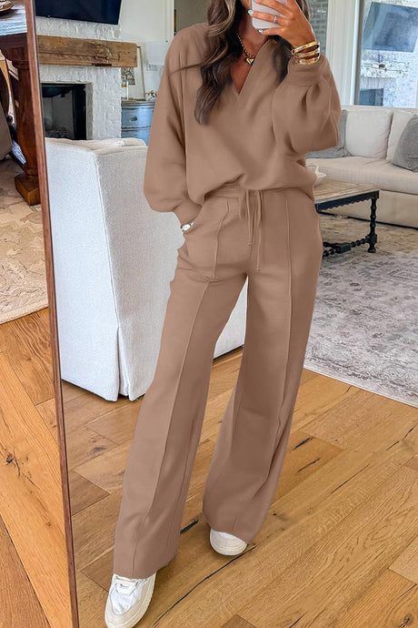 Snow Day Style Dark Khaki V - Neck Pullover and Sweatpants Set - Wholesale Accessory Market