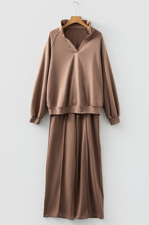 Snow Day Style Dark Khaki V - Neck Pullover and Sweatpants Set - Wholesale Accessory Market