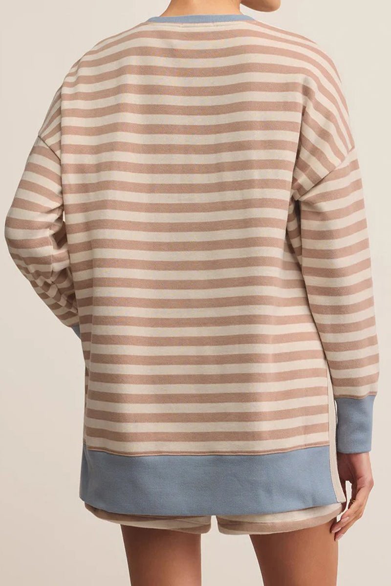 Portside Lounge Khaki Stripe Oversized Pullover and Shorts Set - Wholesale Accessory Market