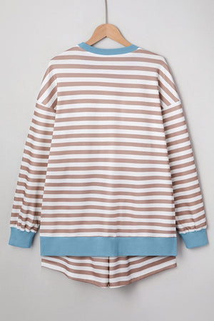 Portside Lounge Khaki Stripe Oversized Pullover and Shorts Set - Wholesale Accessory Market