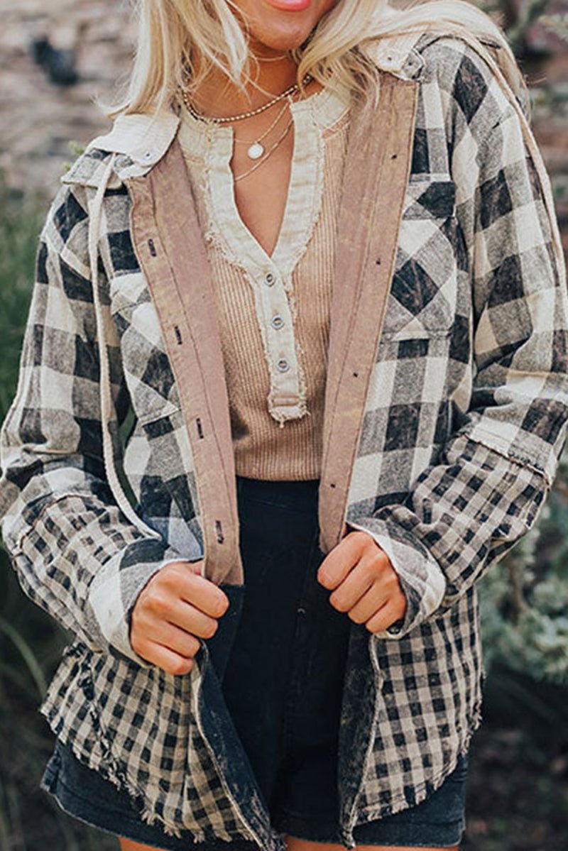 PREORDER! ETA 8/26 Harvest Haze Black Check Hooded Shacket **SHIPPING EXPECTED TO BEGIN ON DATE 8/26** - Wholesale Accessory Market